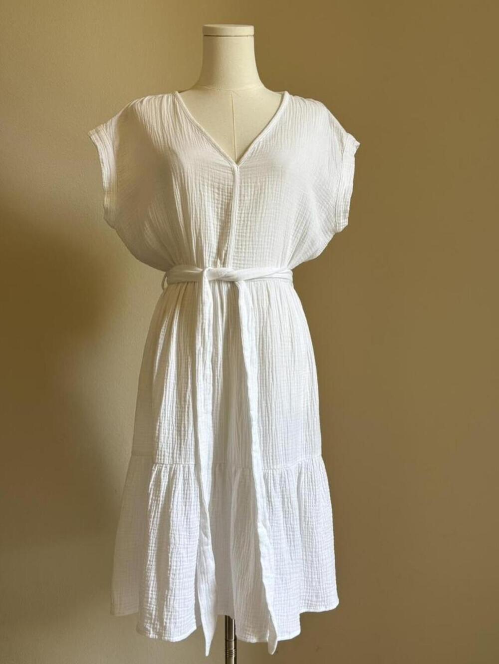 NWT Magaschoni White Organic Cotton Gauze Tie Waist Midi Dress Size S